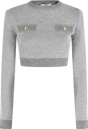 Elisabetta Franchi Paillet Crew Neck Zwarte Trui - Dames - Ronde hals truien - Grijs - M - Pailletten - Truien & Vesten