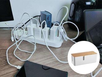 OEM Caja Para Cables Con Tapa De Bamb&uacute; - Organizador De Cables - 1 Pieza - Blanco - Bamb&uacute;