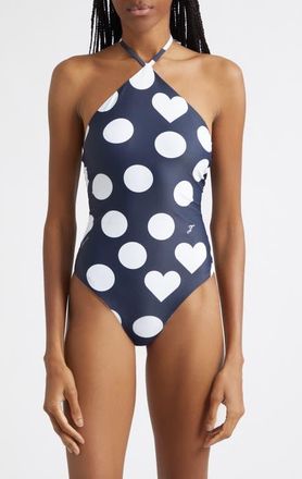 Jacquemus Le Bastide One-Piece Halter Swimsuit in Print Dots Heart Navy at Nordstrom, Size X-Small