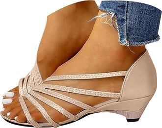 Generic Womens Block Heel Sandals Elastic Ankle Strap Summer Casual Shoes with Arch Support for Women Fashion Comfortable Boho Beach Holiday Footwear (Gold, 5