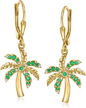 Ross-Simons Emerald Palm Tree Drop Earrings With Diamond Accents in 18kt Gold Over Sterling