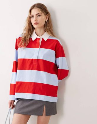 Arket Polo a maniche lunghe stile rugby blu e rossa a righe-Multicolore