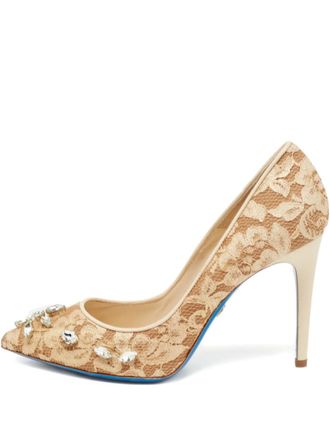 Loriblu 105mm crystal-embellished lace pumps - women - Fabric/Calf Leather/Calf Leather - 40 - Neutrals