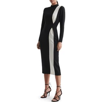 Reiss Millie Colorblock Long Sleeve Midi Dress in Black White at Nordstrom Rack, Size 14