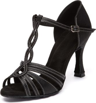 Minitoo Womens Latin Practice Dance Shoes Ankle Strap Evening Prom Sandals L655 Black 9cm Heel UK 4.5