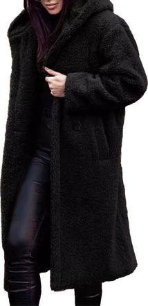 Generic Women Winter Hooded Fuzzy Fleece Coat Teddy Bear Long Faux Fur Coats Solid Color Button Down Open Front Outwear (UK, Alpha, M, Regular, Regular, Black