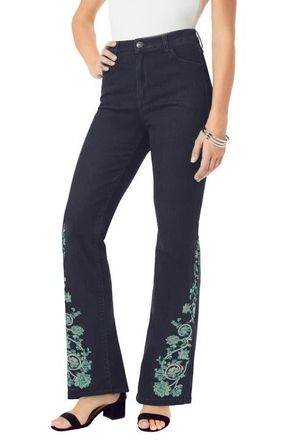 Roaman's Plus Size Invisible Stretch Embroidered Split Flare-Leg Jean in Indigo Vine at Nordstrom, Size 16