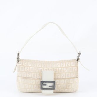 Fendi White Leather Canvas Handbag Shoulder Bag Tote Bag (Pre-Owned)