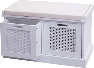 Hhg Banco En Madera De Paulownia Blanca Y Mdf Con Cojines Blancos, Cajas De Almacenaje 47x75x40cm Ban04054