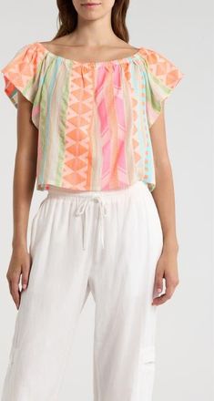 Elan Ruffle Off the Shoulder Top in Neon Aztec at Nordstrom, Size X-Large