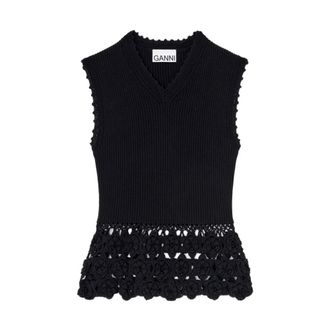 Ganni Sleeveless Tops, female, Black, Size: S Vest in Cotton Crochet