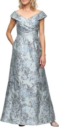 Alex Evenings Metallic Floral Jacquard Off the Shoulder Gown in Ice Sage at Nordstrom, Size 16