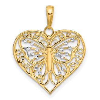 Diamond2Deal 14k Yellow Gold White Rhodium Diamond-Cut Butterfly Heart Pendant