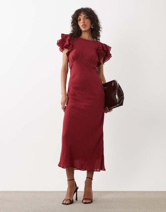Nobody's Child Lola - Vestito midi bordeaux con scollo a V e maniche con volant sul retro-Rosso