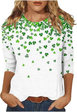 Generic Ladies ST. Patricks Day Tops Women T Shirts Green O-Neck T Shirt Ireland Irish Clover Shamrock Printed Blouse 3/4 Sleeve Tshirt Tunics Tops Henley T-S