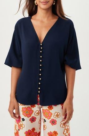 Trina Turk Sail Puff Sleeve Button-Up Top in Indigo at Nordstrom Rack, Size Small