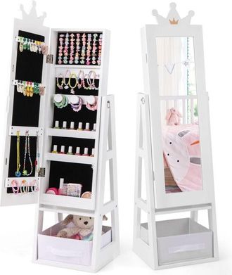 Costway Costway - Armadio Portagioie 3 in 1 per Bambini 31,5 x 30 x 115cm, Specchio a Forma di Corona con Ganci, Ripiano e Cassetto in Tessuto, Toeletta per