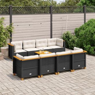 vidaXL Set De Sof&aacute;s De Jard&iacute;n 8 Piezas Y Cojines Rat&aacute;n Sint&eacute;tico Negro