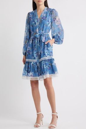 Kobi Halperin Elisa Tie Waist Long Sleeve Denim Dress in Blue Multi at Nordstrom, Size X-Small
