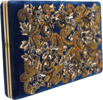 Dolce & Gabbana Womens Blue Velvet Gold Frame Clutch Evening Party Purse Bag Cotton