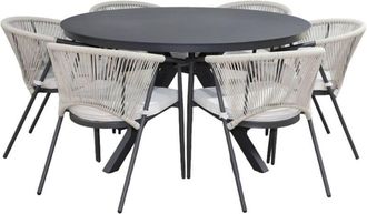 Sweeek Round garden table aluminium and glass + 6 chairs anthracite and beige 140x140x75 cm - Orbis + Liora