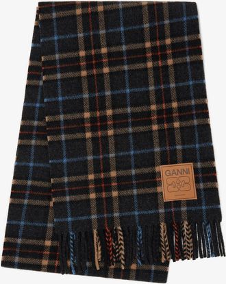 Ganni Grey Check Wool Scarf