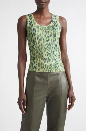 St. John Fine Gauge Leopard Print Wool Blend Sweater Vest in Olive Multi Animal Print at Nordstrom, Size Medium