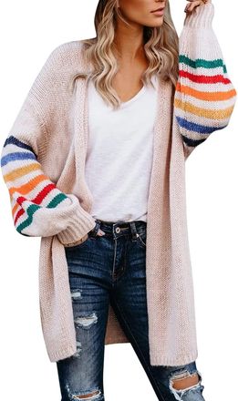 Generic Womens Cardigans Long Sleeve Open Front Rainbow Striped Color Block Loose Casual Womens Oversized Cardigan Ladies Long Lightweight Knit Outwear Coat J