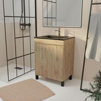 Aurlane Mueble de baño 60 cm 2 Puertas Roble Natural + Lavabo de Cerámica Negra - timber