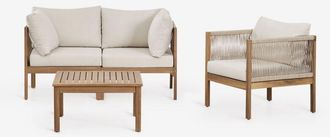 Sklum Conjunto De Sal&oacute;n Con Sof&aacute; Modular De 2 Piezas Con Reposabrazos, Sill&oacute;n Y Mesa De Centro En Madera De Acacia Branson Sklum