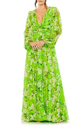Mac Duggal Puff Sleeve Floral Chiffon Gown in Green Multi at Nordstrom, Size 14