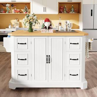 Merax Mobile Kitchen Island Cart with Buit-in Spice Rack Adjustable Shelves in White