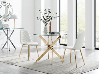 Furniturebox Novara 100cm Round Gold Leg Dining Table & 2 Corona Gold Chairs in White