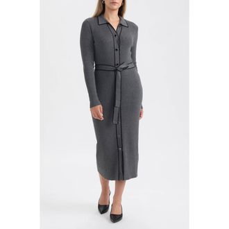 Ellen Tracy Tipped Long Sleeve Shirtdress in Medium Grey Mix at Nordstrom Rack