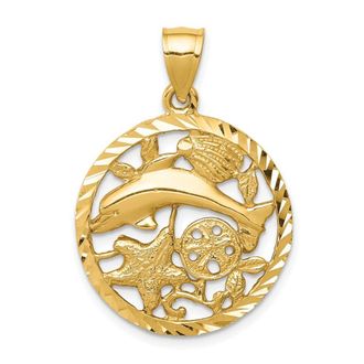 Diamond2Deal 14k Yellow Gold Diamond-cut Dolphin and Shells Circle Pendant