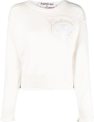 Stella McCartney crochet-detail crew-neck jumper - women - pure cotton - 44 - Neutrals
