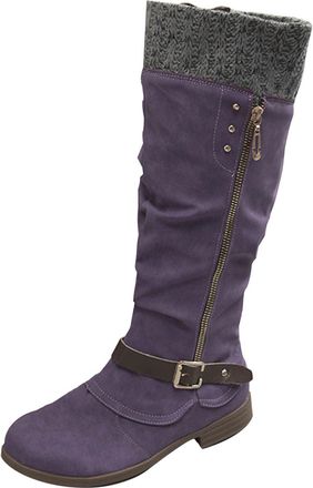 Generic Knee High Boots for Women Chunky Block Heel Round Toe Pull On with Belt Buckle Side Zip Up Platform Shoes Womens Low Heel Knight Boots Casual Fall Win