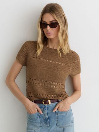 Reiss Taupe Neutral Linen Textured-knit Top, XS