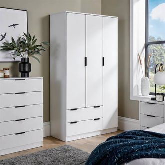 Home Source Industries Phoenix Modern 3 Door 2 Drawer Wardrobe Hanging Rail Bedroom Storage in White