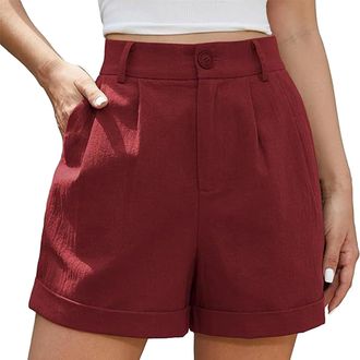 Generic Womens Summer High Waist Linen Shorts Roll Up Pleated Zippered Wrap Hem Wide Leg Shorts with Pockets(Red,Medium)