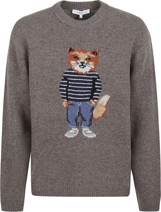 Maison Kitsun&eacute; Dressed Fox Intarsia Wollen Trui - Heren - Ronde hals truien - Grijs - XL - Wol - Truien & Vesten