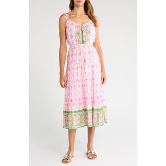 Alicia Bell Holiday Tie Strap Midi Dress in Pink Green Print at Nordstrom Rack, Size X-Large