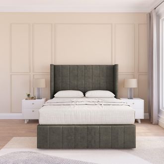 Sloomy Melbourne Dumfries Wingback Bed Set, 2 Drawers & 54 Floor Standing Headboard in Dark Grey | Size: King