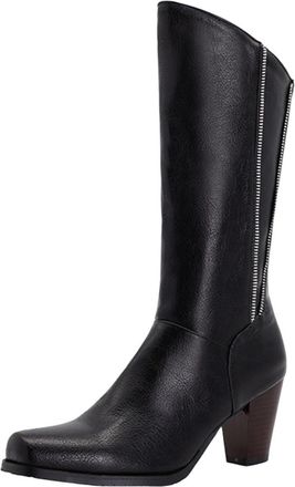 Generic Black Womens Walkable Mid-Calf Boots with Side Zipper Square Toe Chunky Heel High Heel Winter Casual Fashion Comfortable Durable Sole
