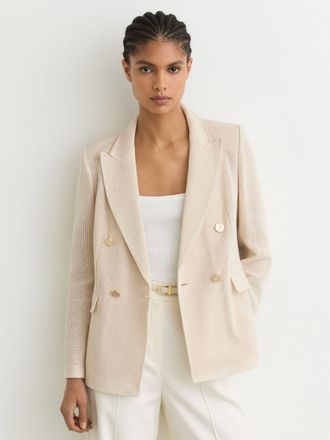 Reiss Cream Petite Open-weave Double-breasted Blazer, 10