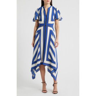 Eliza J Geometric Stripe High Low Handkerchief Dress in Ivory Blue at Nordstrom, Size 14