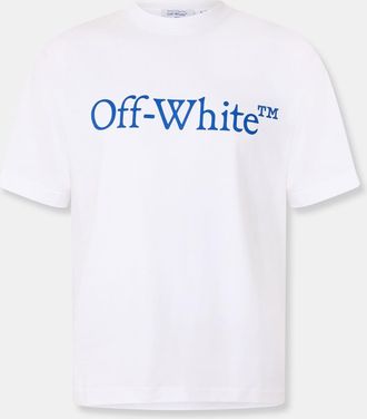 Off-white Mens Off White Striped Regular Fit Lettering T-Shirt in White-True Blue - Size X-Large