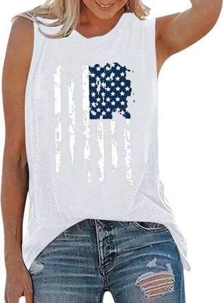 Generic Women Casual Sleeveless Tank Tops 2025 Vest Womens Round Neck Sleeveless Day Flag Pattern Printed Tank Top Spring Tank Tops for Women 2025 Vest (White