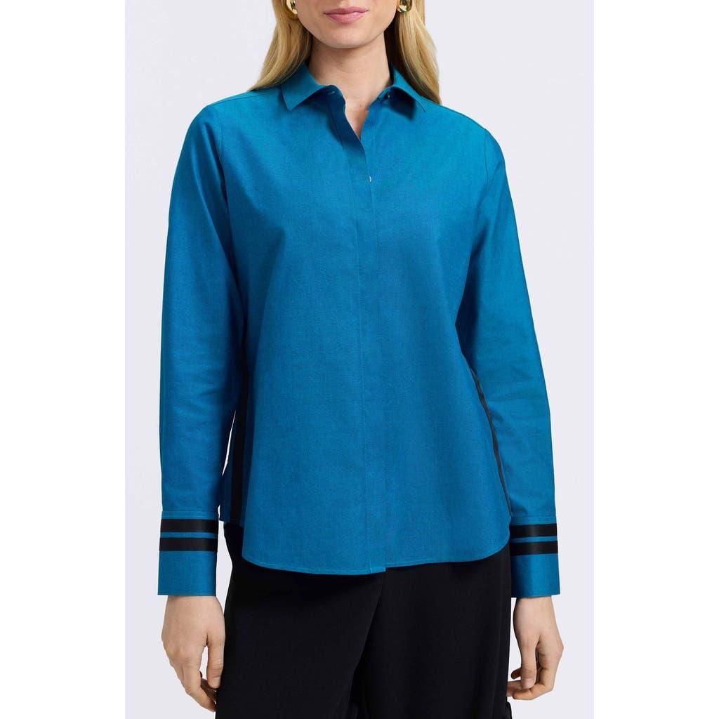 Foxcroft Brooke Grosgrain Trim Cotton Button-Up Shirt in Teal at