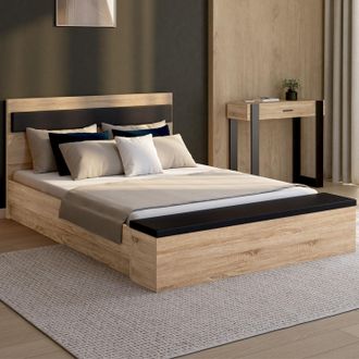 IDMarket Gaelle Cama Doble Cabecero + Arc&oacute;n Banco Y Base 140 X 190 Cm Madera Y Negro